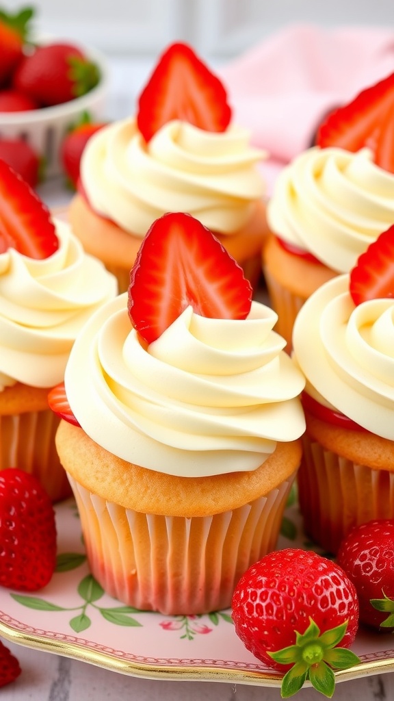 Strawberry cupcakes with cream cheese frosting, topped with fresh strawberries on a decorative plate.